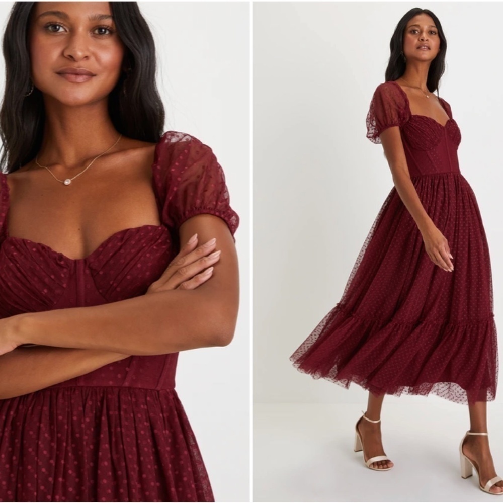 LULU's Sexy Wedding Elegant Boho Sweet Swiss Dot Tulle Chic Midi Dress - Picture 2 of 6